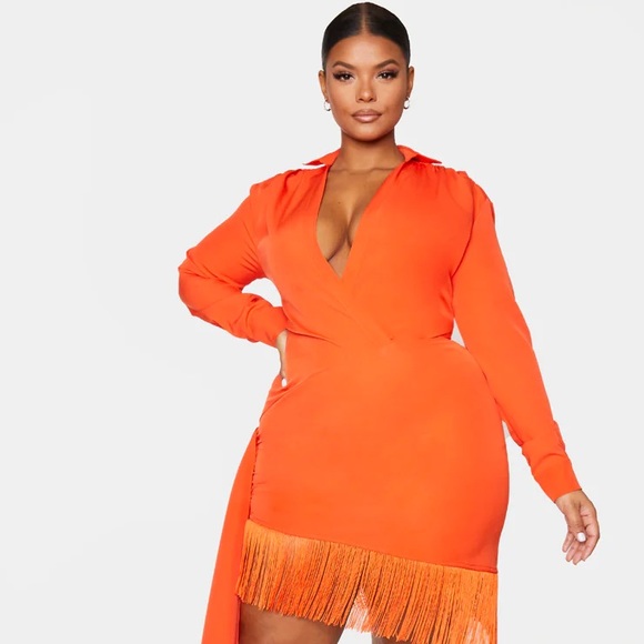 PrettyLittleThing | Dresses | Plus Orange Long Sleeve Tassel Hem Drape  Detail Bodycon Dress | Poshmark